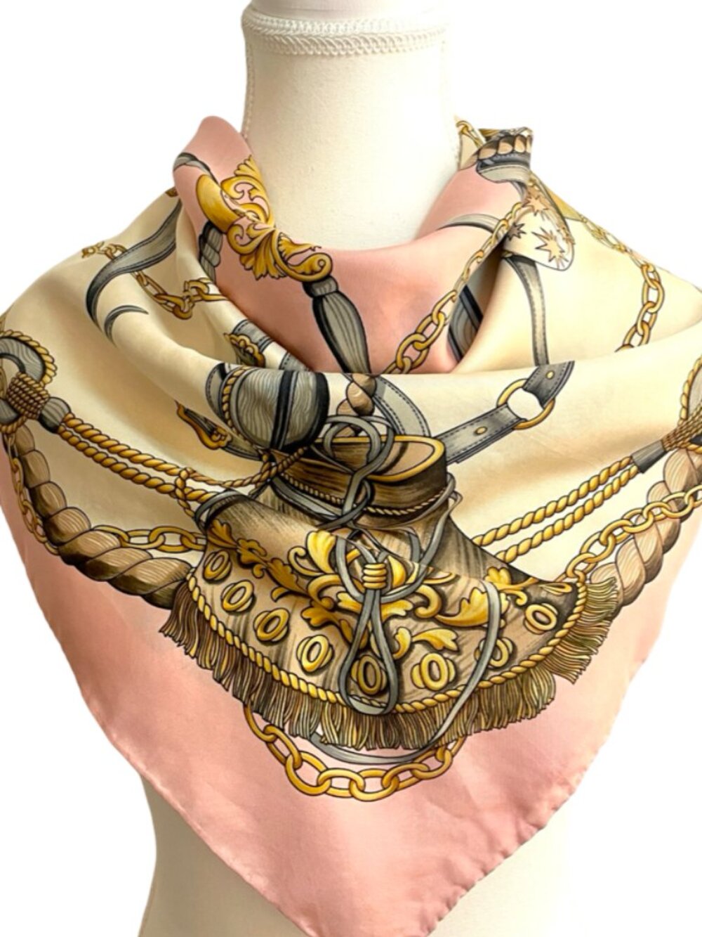 Vintage 100% Silk Equestrian Chain & Tassel Scarf 34" x 34" Hand Rolled Pink